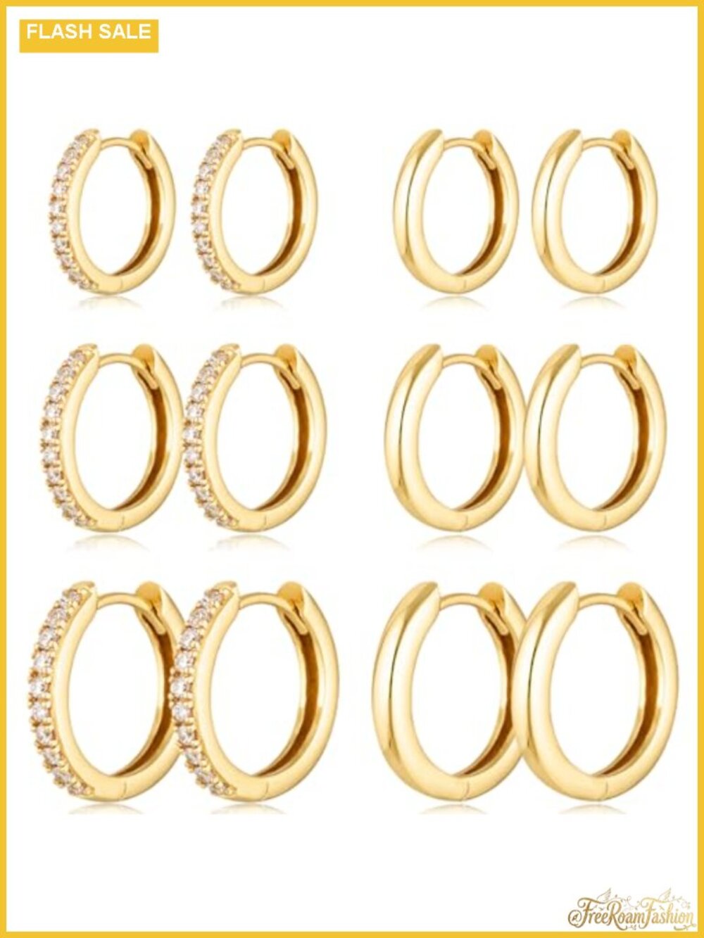 6 Pairs 14K Gold Plated Hoop Earrings Set Cubic Zirconia Hypoallergenic